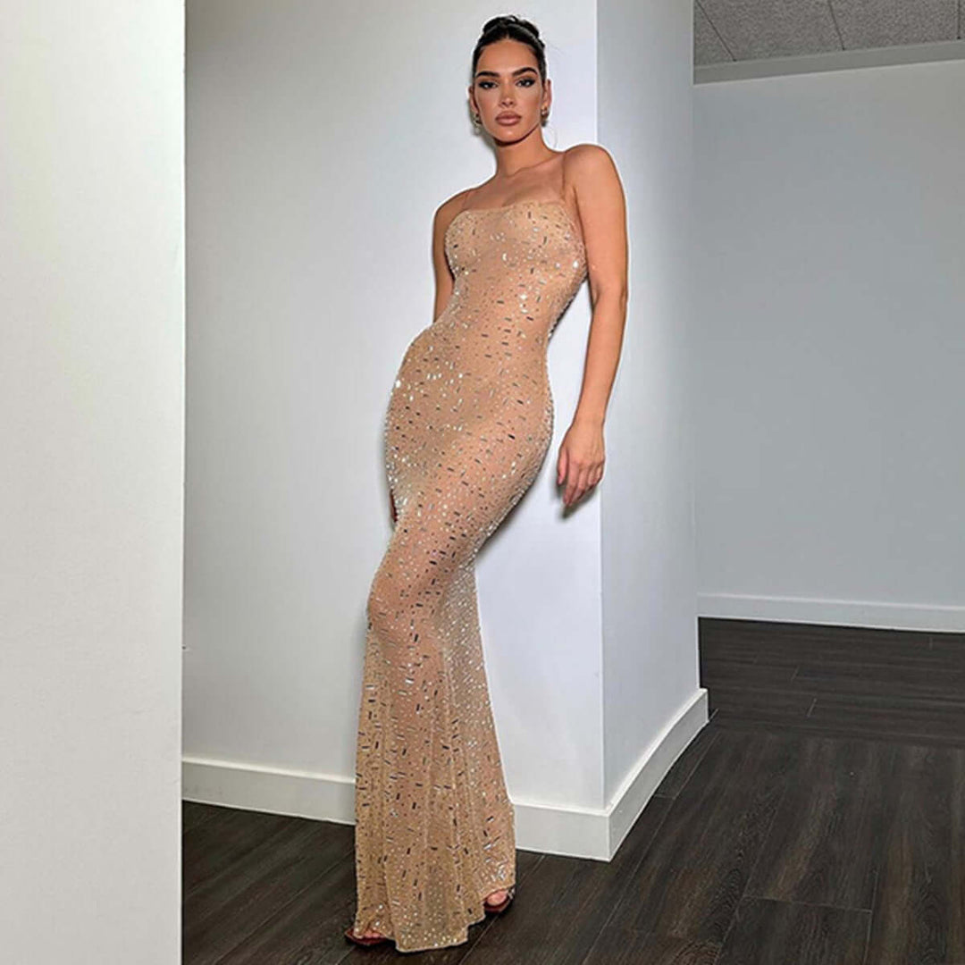Sheer Mesh Sequined Off-Shoulder Dress