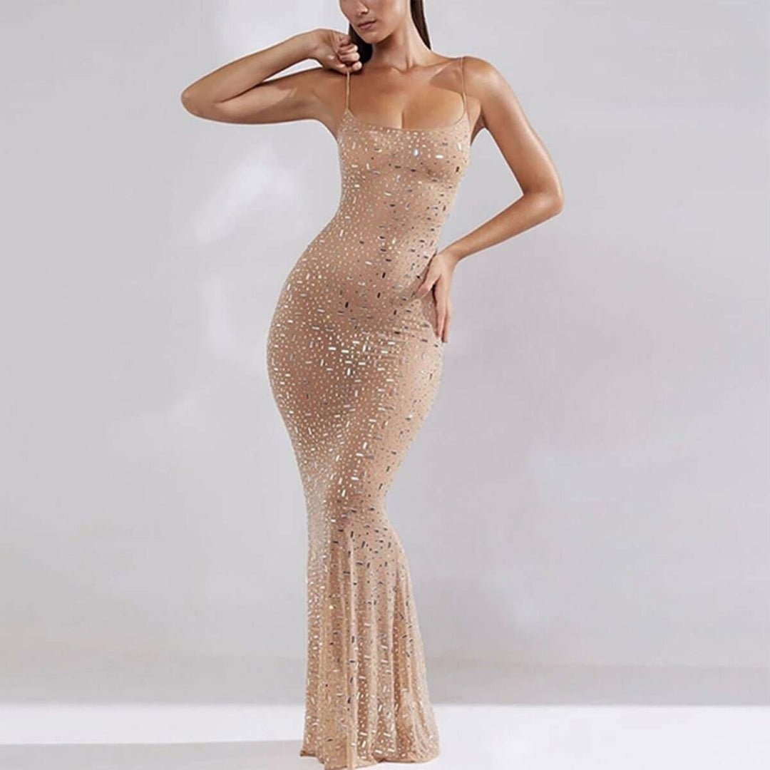 Sheer Mesh Sequined Off-Shoulder Dress