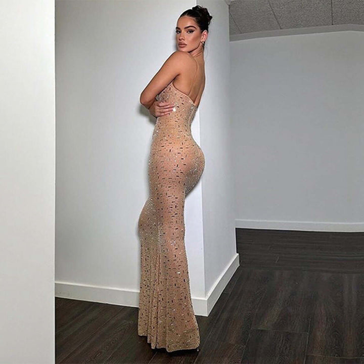 Sheer Mesh Sequined Off-Shoulder Dress